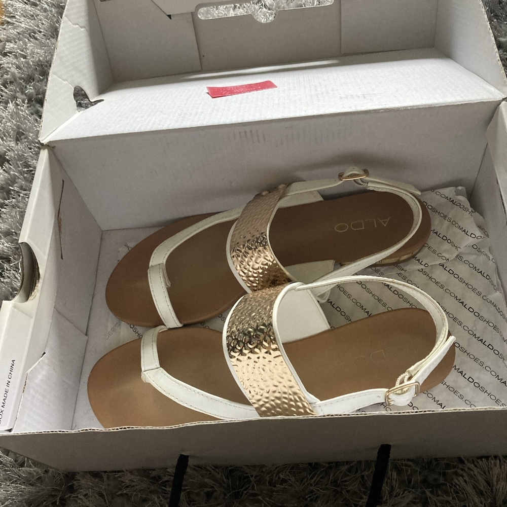 Gold and white sandels with ankle strap
